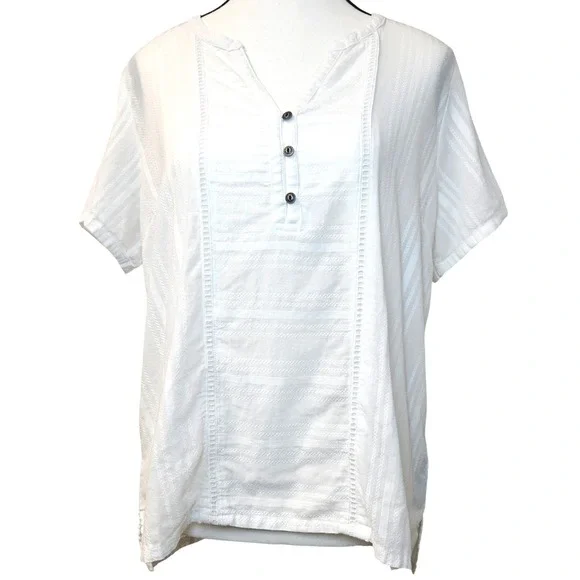 KÜHL White Stripe Textured Henley Top Size L Large Boho‎ Coastal Gorpcore