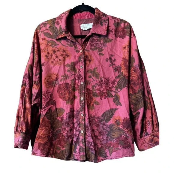 by Anthropologie Halie Dolman-Sleeve Button Down Collared Floral Top  XS Relaxed