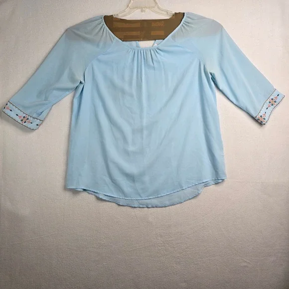 Mine Too Light Blue Embroidered Sleeve Keyhole Neck Blouse Top‎ Plus Size 3XL
