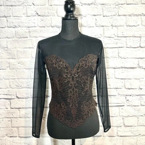 Tadashi Shoji Floral Embroidered Beaded Sheer Top Bodice Size Medium