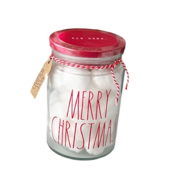 NEW Rae Dunn MERRY CHRISTMAS Cotton Balls Glass Jar w/Lid