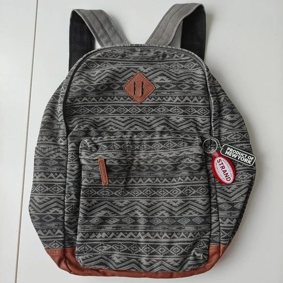 Topman Mens Aztec Geometric Print Canvas Backpack Grey Black‎ Faux Leather Trim