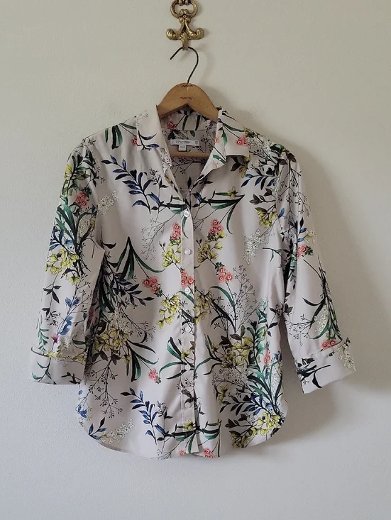 Chico's No Iron Tan Wildflower Print 3/4 Sleeve Button Down Shirt Size Small/6