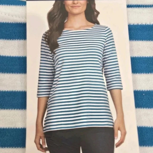 NWT Lands' End 3/4 Sleeve Boat Neck Pima Cotton Tee Blue/White Stripes‎