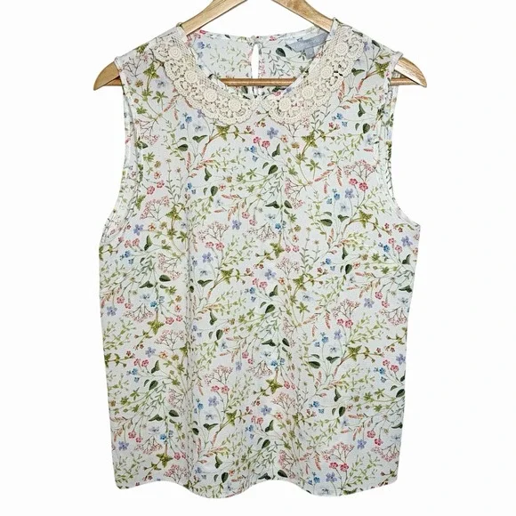 Floral Lace Peter Pan Collar Sleeveless Top Womens M 10 Cottagecore Twee Spring