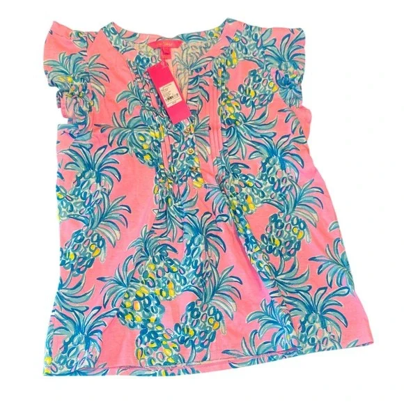 Lilly Pulitzer Golda Top Pelican Pink Beat The Heat Pineapple Ruffle Blouse‎