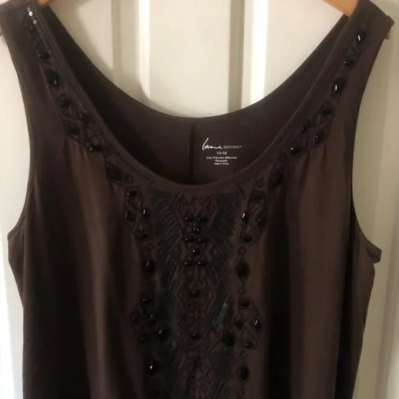 Women's Lane Bryant Sleeveless Blouse Brown with Black Sequin Beads Size 14/16