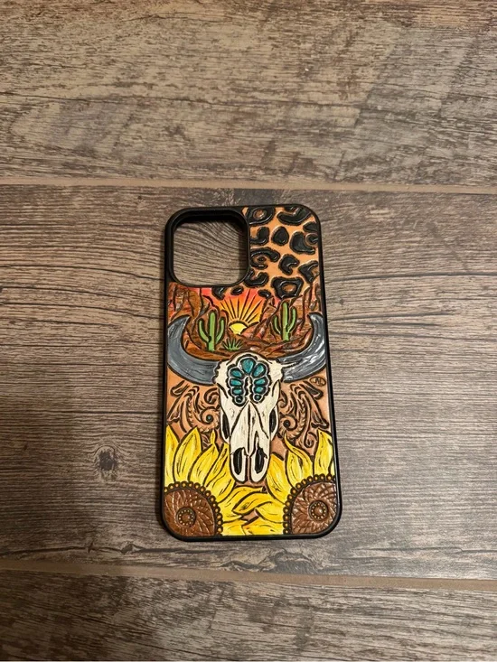 Hand Tooled Leather and Painted Southwestern Skull Iphone 13 Pro Max Case