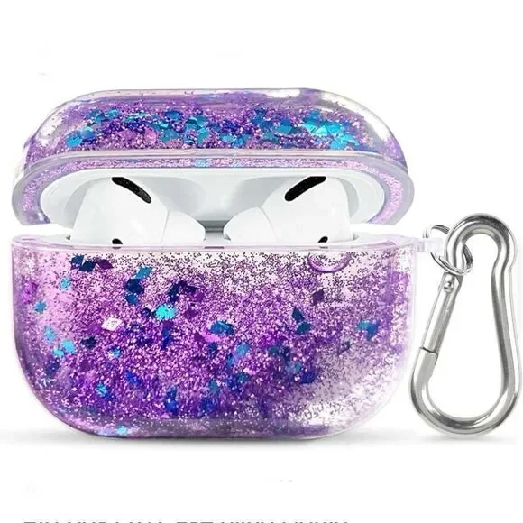 NWT Clear case cover Apple AirPods Pro Purple Glitter cable port Anti shock