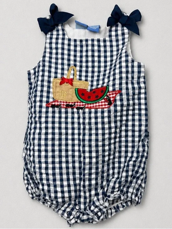 Kid Crew navy gingham Searsucker bubble romper with picnic appliqué 12 months