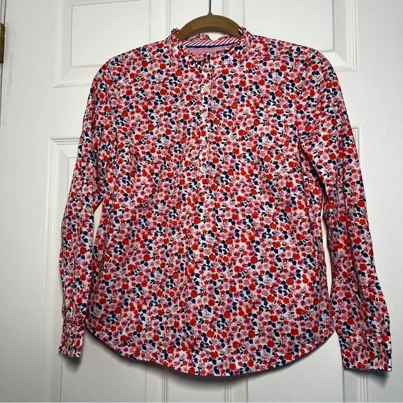Talbots Red Pink Floral Ruffle Neck Popover Size Small Petite