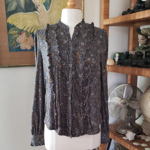 Boden Floral Ruffle Front Long Sleeve Blouse Size 10