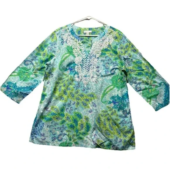Charter Club Cotton Embroidered Floral Tunic Top Green Women’s XL Resort Boho
