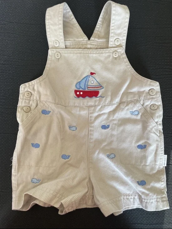 Little Me Beige Corduroy Overalls with Blue Whale and Red Boat