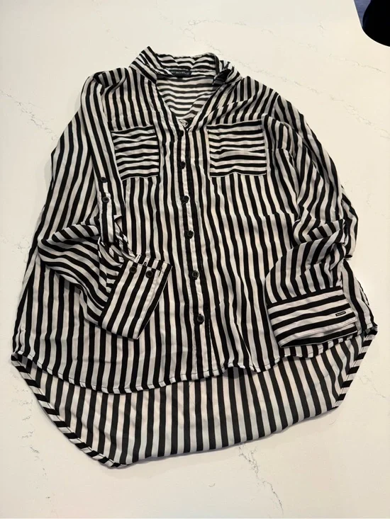 My Michelle Black and White Vertical Stripe Button-Down Shirt