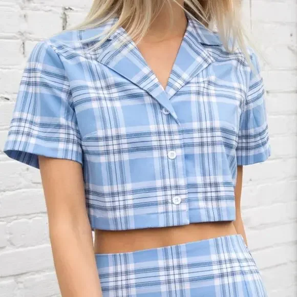 Brandy Melville Blue Plaid Crop Shirt