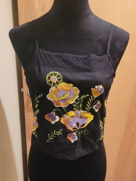 Walter Baker Black Cami with Yellow & Purple Floral Embroidery