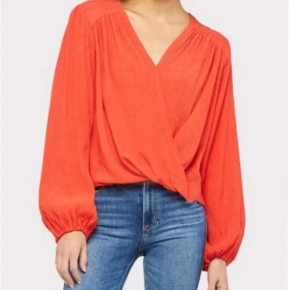 Free People Check On It Wrap Long Balloon Sleeve Orange Top Women’s Size Small