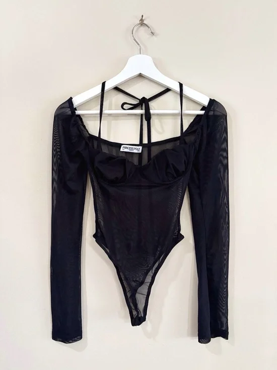 Princess Polly Mesh Bodysuit Women US 2 Black Sheer Y2K Party Club Coquette