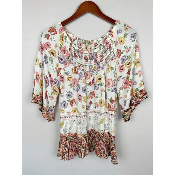 Democracy Blouse Cream Floral Top Flowy Women's S Boho Festival Cottagecore