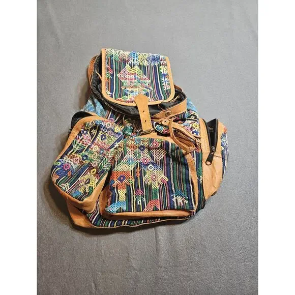 Large backpack Handmade Guatemalan Aztec Southwestern Bag Multiple Pockets