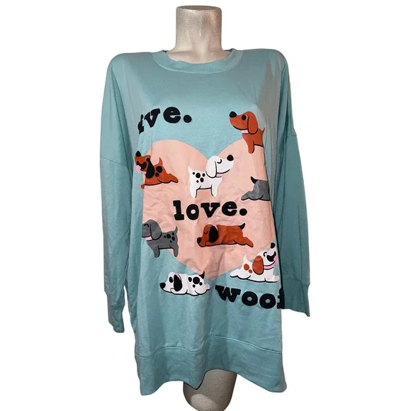 New LuLaRoe Womens XL Live Love Woof Dog Graphic Teal Blue LS HANNAH Pullover