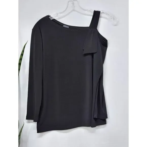 CLARA SUN WOO PEEKABOO SHOULDER DRAPED 3/4 SLEEVE BLACK TOP SIZE SMALL