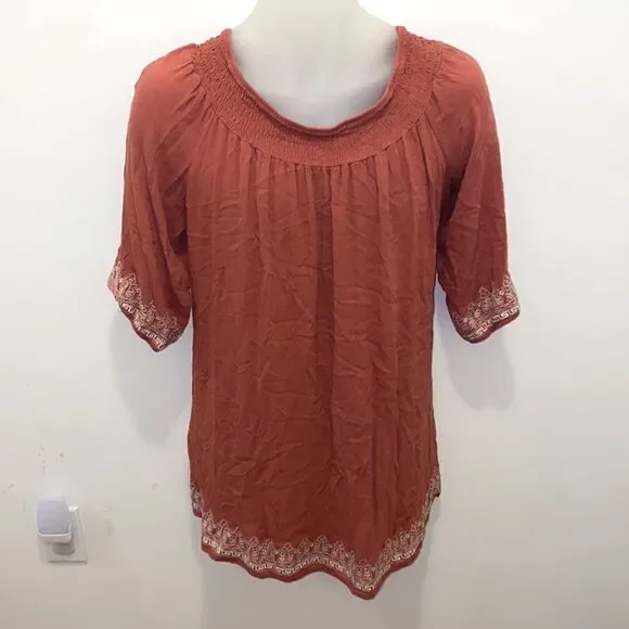 Tantrums Burnt Orange Embroidered Tunic Boho Hippie Shirt Top size XL