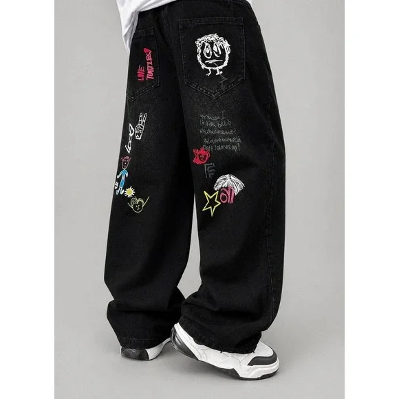 Unbranded Kids Graffiti‎ Doodle Black Denim Jeans Y2K Streetwear Size 12Y