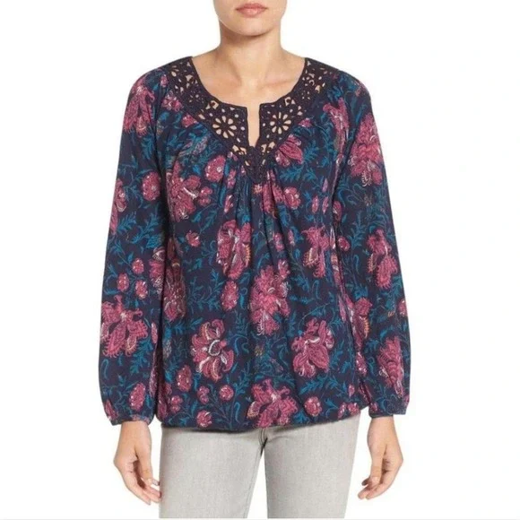 Lucky Brand Navy And Pink Floral‎ Katie Embroidered Crochet Lace Yoke Top Size M