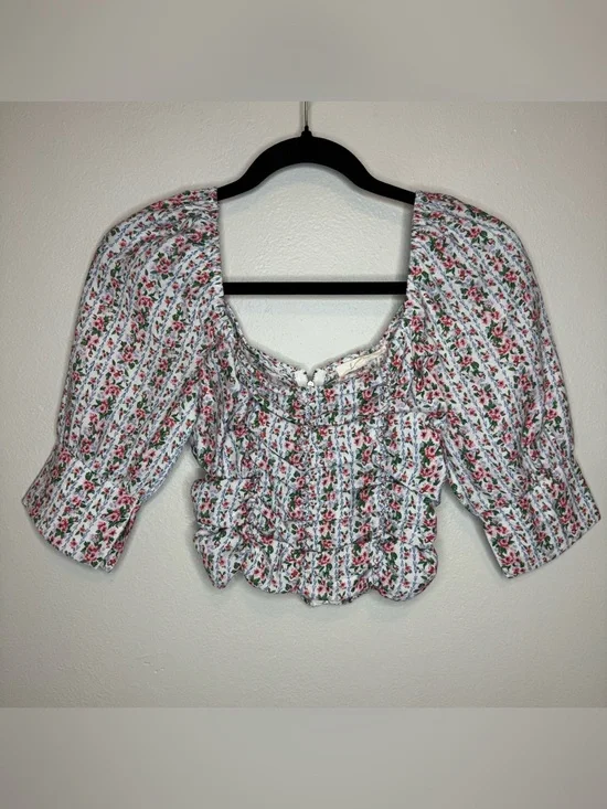 Fanco Floral Ruched Crop Top Puff Sleeve Blouse Ditzy Top