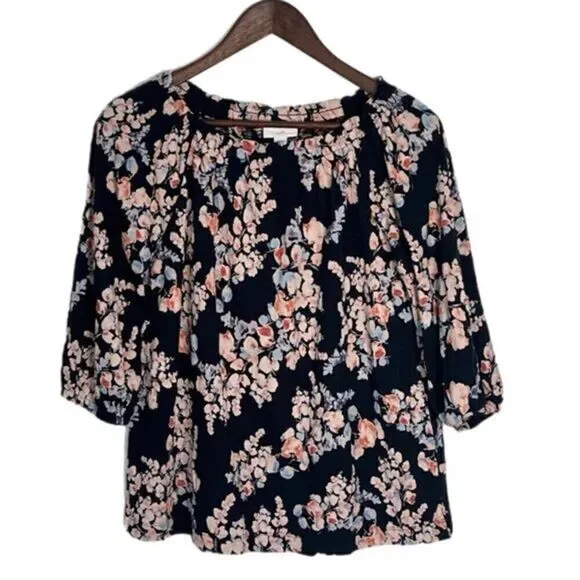J. Jill Navy Floral Print Gathered Neckline Top