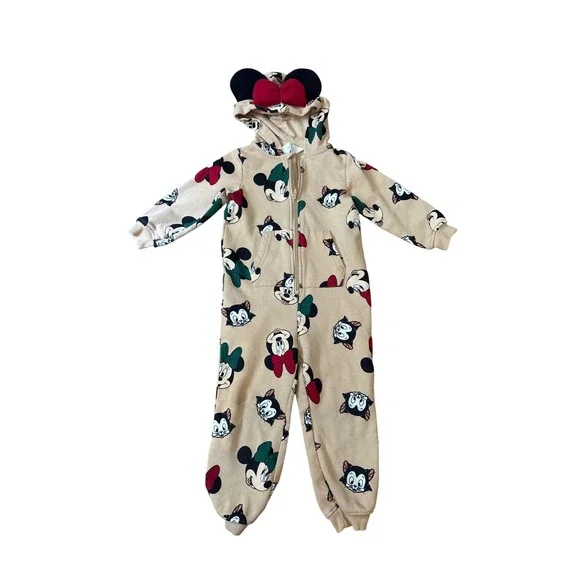 H&M Disney Minnie Mouse Figaro Hooded Jumpsuit Tan Character Print SIZE 3/4T