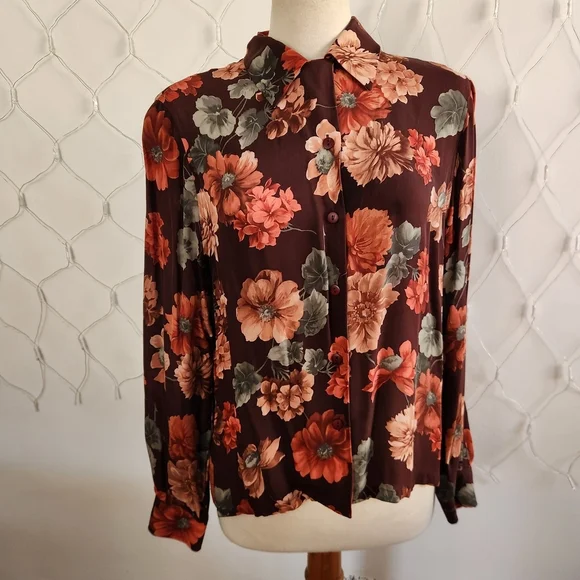 Jones New York Country Floral Button-Up Blouse • 100% Silk • Size 12
