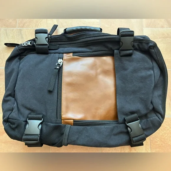 Oxa Men's Black Canvas Tan Leather Multi Use Duffle Bag Travel Backpack