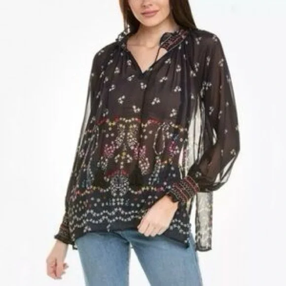CAbi Blooming Balloon Sleeve floral embroidered tunic blouse M