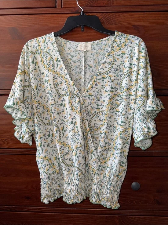 MELLODAY Floral Smocked Waist Blouse Green Yellow Floral Large