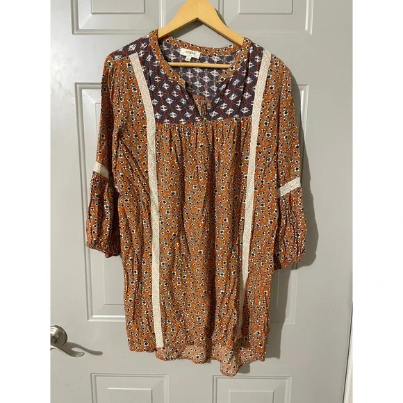 Umgee Tunic‎ Top Womens Large Orange Floral Excellent Boho Crochet Lace K2021
