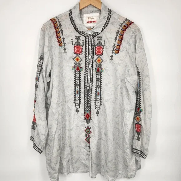 Biya Johnny Was Silk Embroidered Tunic Blouse Womens Small Gray Floral‎ Boho