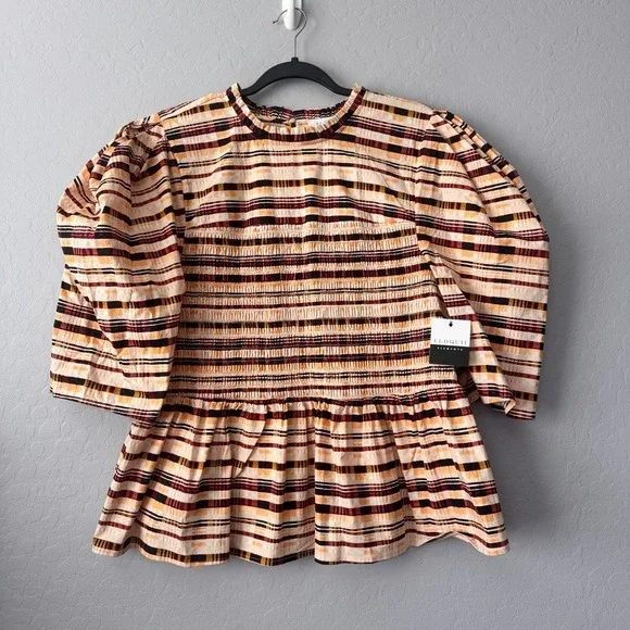 NWT Eloquii Elements Size 20 Peplum Top Plaid 3/4 Puff Sleeve Smocked Bodice