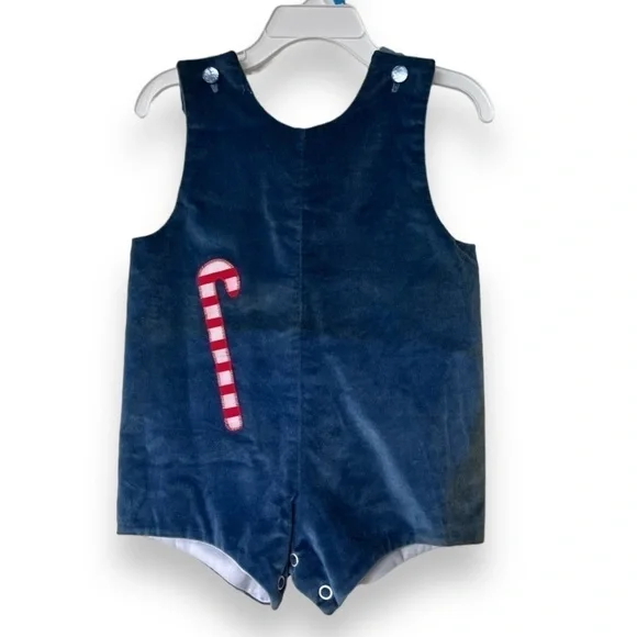 Vintage Maggie Mackall 1950’s Toddler Blue Velvet Romper w/ candy cane Appliqué