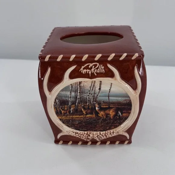 Terry Redlin Tissue‎ Box Cover Wildlife Deer Ceramic Rustic Lodge Cabin Brown