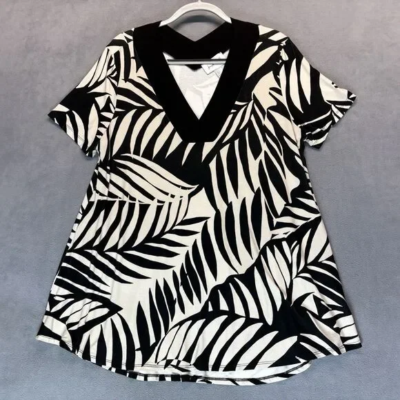 Joseph Ribkoff Size 16 Black Tan Tropical‎ Leaf Print V Neck Top