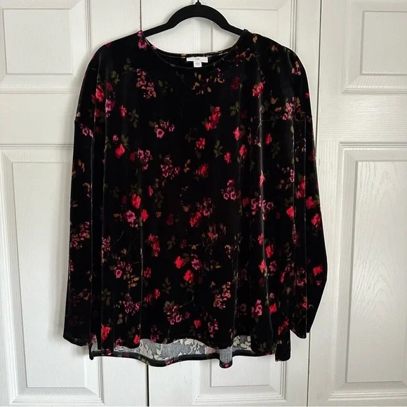 J Jill Shirt Womens L Black Velvet Dark Floral Long Sleeve Stretch Pullover Boho