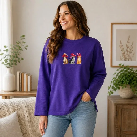Vintage 90s Embroidered Cat Sweatshirt Purple Cottagecore Kitten Pullover XLP