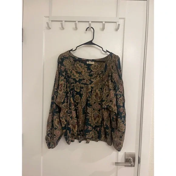 Ralph Lauren Denim Supply Green Boho Puff Sleeve Blouse V Neck