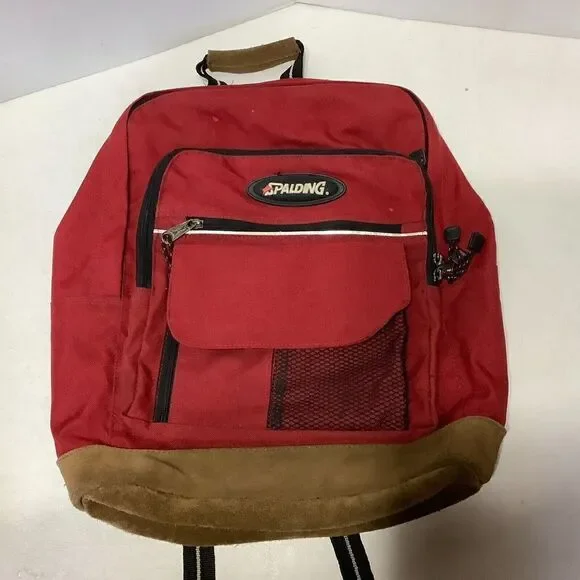 Vintage Spalding Leather Bottom Backpack Red 16
