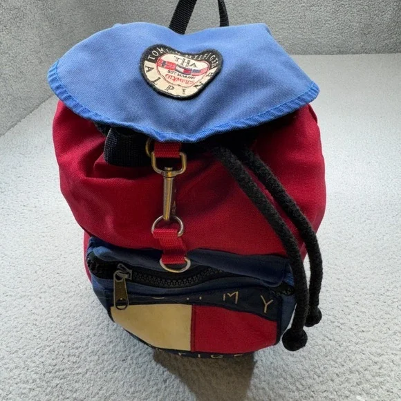 VINTAGE Tommy Hilfiger Backpack Red Blue 90s Alpine Olympics Patch‎ Cinch Canvas