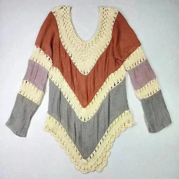 Women's Crochet Crinkle V-Neck Tunic Hippie BOHO Peasant‎ Coverup Earthy Blouse