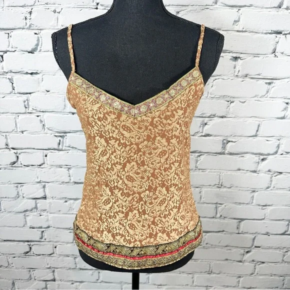 Moda International Tank Top Camisole Metallic Gold Rust Large Y2k Boho Fairycore